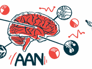 An illustration for the American Academy of Neurology annual meeting shows the human brain with certain sections highlighted and the acronym AAN underneath.