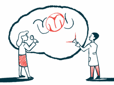 An illustration showing two people studying the human brain.