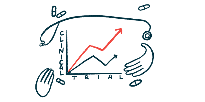 Two hands, a stethoscope, and a handful of oral medications surround a graph labeled 'CLINICAL TRIAL' that shows positively-trending results.