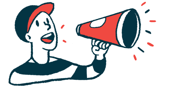 A person wearing a baseball cap uses a megaphone to make an announcement.