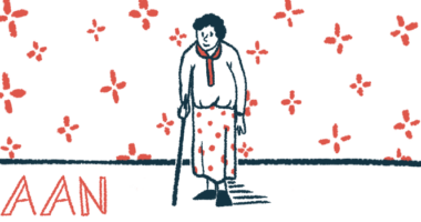 In this illustration for the American Academy of Neurology annual meeting, an older woman is seen walking with the help of a cane.