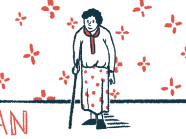 In this illustration for the American Academy of Neurology annual meeting, an older woman is seen walking with the help of a cane.