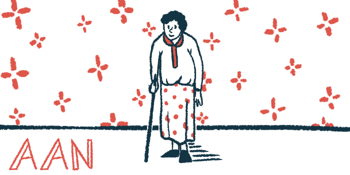 In this illustration for the American Academy of Neurology annual meeting, an older woman is seen walking with the help of a cane.