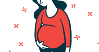 A woman in the later stages of a pregnancy is shown in this illustration.