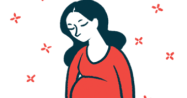 A woman in the later stages of a pregnancy is shown in this illustration.