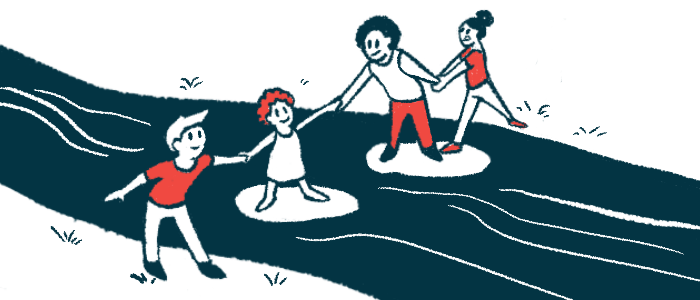 Image of people holding hands across a river, to illustrate collaboration.