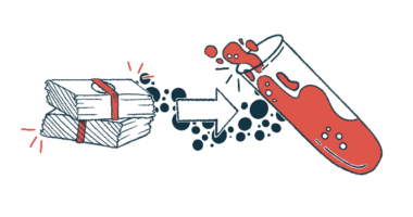 An arrow points from a stack of cash to a beaker filled with red liquid.