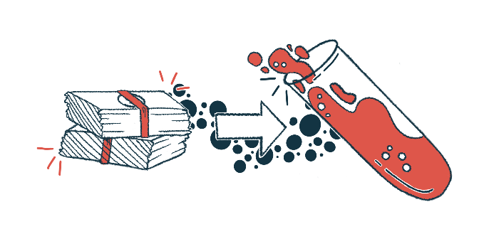 An arrow points from a stack of cash to a beaker filled with red liquid.