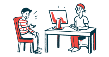 Illustration shows a person talking with a medical professional sitting at a desk.