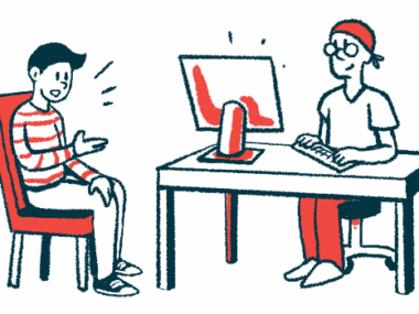 Illustration shows a person talking with a medical professional sitting at a desk.