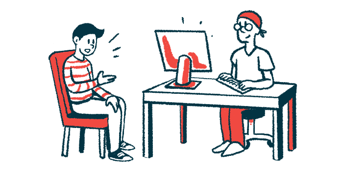 Illustration shows a person talking with a medical professional sitting at a desk.