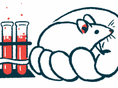 An oversized human hand holds a mouse alongside a rack with three filled vials.