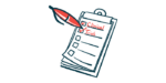 An illustration of a pen checking off lines for clinical trials on a clipboard list.