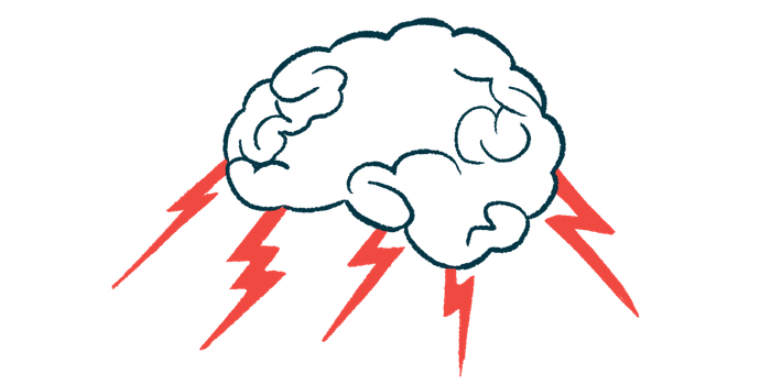 A human brain is shown in profile with lightning bolts shooting out from its base.