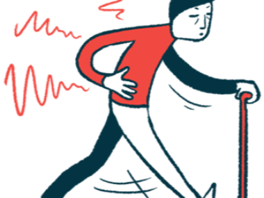 A man with back pain walks with a cane.