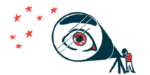 This illustration show a person looking at stars through an oversized telescope.
