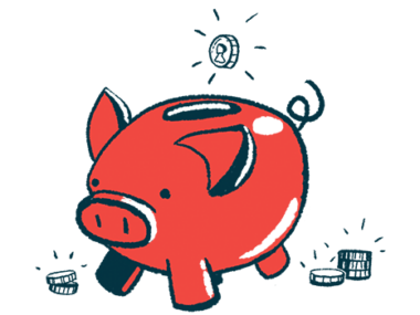 A coin is shown dropping into a piggy bank, with other coins nearby.