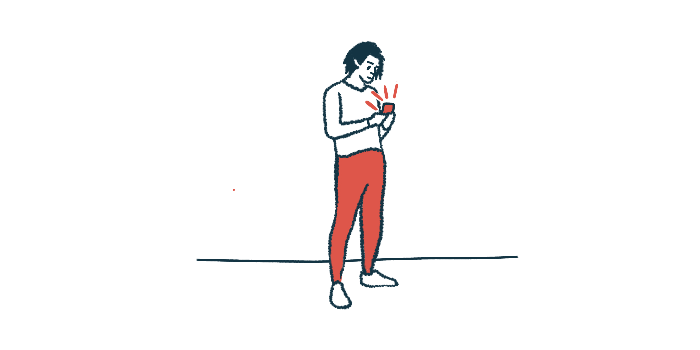 This illustration shows a person in red pants using a smartphone.