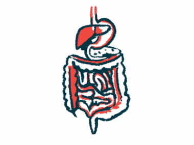 An illustration provides a close-up view of the human digestive system.