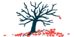 A tree shedding its leaves is shown in this illustration.