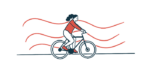 A woman rides a bicycle while wavy lines undulate behind her.