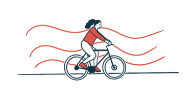 A woman rides a bicycle while wavy lines undulate behind her.