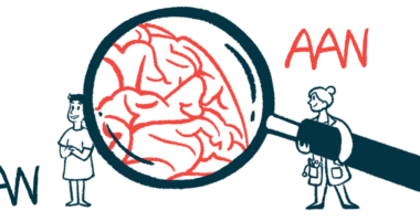 A researcher holds a magnifying glass over a brain in this graphic for the American Academy of Neurology 2024 Annual Meeting.