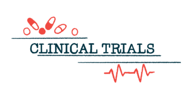 The words 'clinical trials' appear in all capital letters, with a handful of oral medications seen at the top left corner and a heart rate graph shown at the bottom right corner.