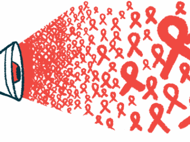 A megaphone blasts red awareness ribbons.