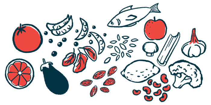 Illustration of various fruits, vegetables, beans and fish.