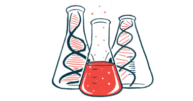 Three beakers, two containing strands of DNA and the other with red liquid, are shown in this illustration.