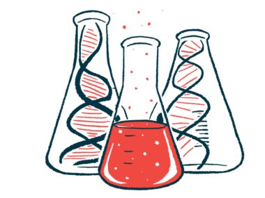Three beakers, two containing strands of DNA and the other a red liquid, are shown together in a triangle formation.