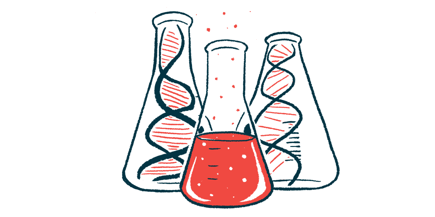 Three beakers, two containing strands of DNA and the other with red liquid, are shown in this illustration.