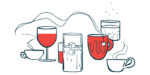 Illustration of drinks in cups, glasses, and mugs.