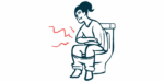 A woman is shown sitting on a toilet, struggling with a bowel movement.
