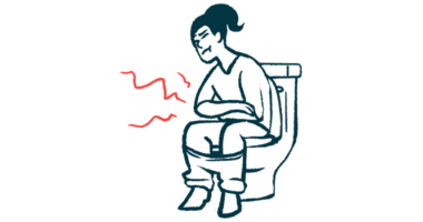 A woman is shown sitting on a toilet, struggling with a bowel movement.