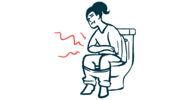 A woman is shown sitting on a toilet, struggling with a bowel movement.