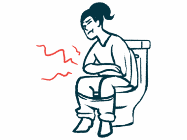 A woman is shown sitting on a toilet, struggling with a bowel movement.
