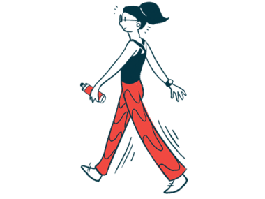 A person sporting a ponytail and holding a water bottle in one hand is seen walking vigorously.