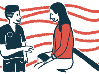 A patient sitting on an exam table talks to a nurse.