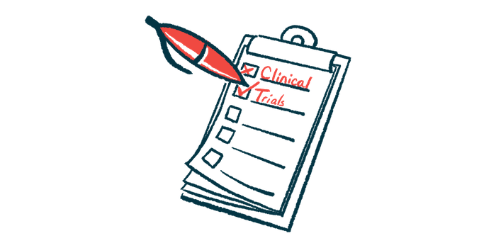 An oversized red pen ticks boxes labeled 'Clinical' and 'Trials' on a clipboard checklist.