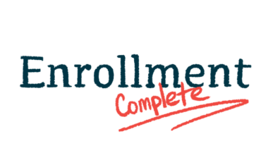 An illustration features the word Enrollment in black letters with Complete in red letters and underlined just below it.