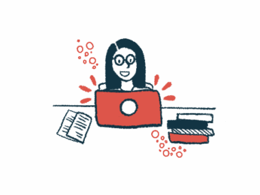 A woman is shown working on a laptop at a desk, with books and papers nearby.