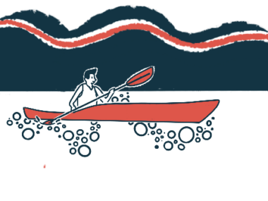 A person is seen out on a body of water, paddling a kayak.