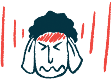 A person grimaces while pressing both hands to the temples in this headache illustration.