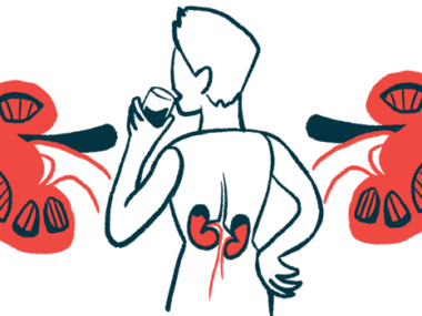 A person is shown drinking a glass of water, their kidneys shown inside and enlarged beside them.