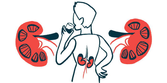 A person is shown drinking a glass of water, their kidneys shown inside and enlarged beside them.