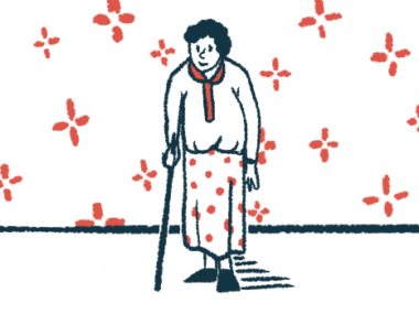 A woman is shown walking with assistance.