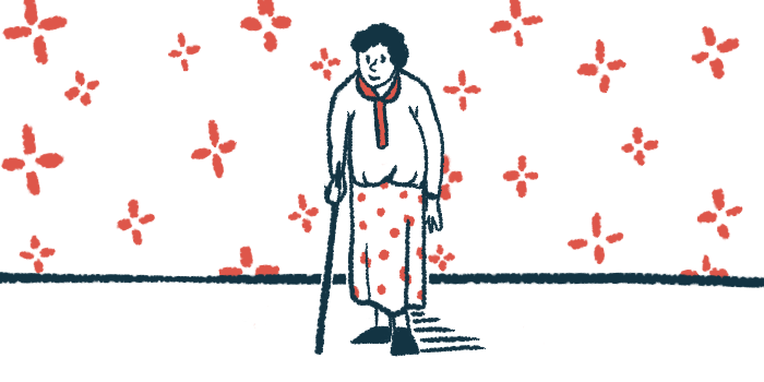 A woman is shown walking with assistance.