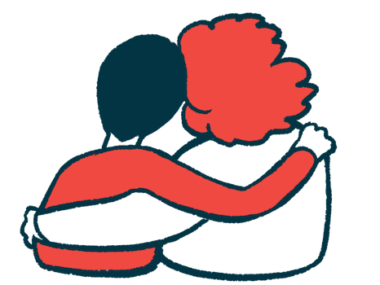 Two people with their arms around each other are shown from behind.